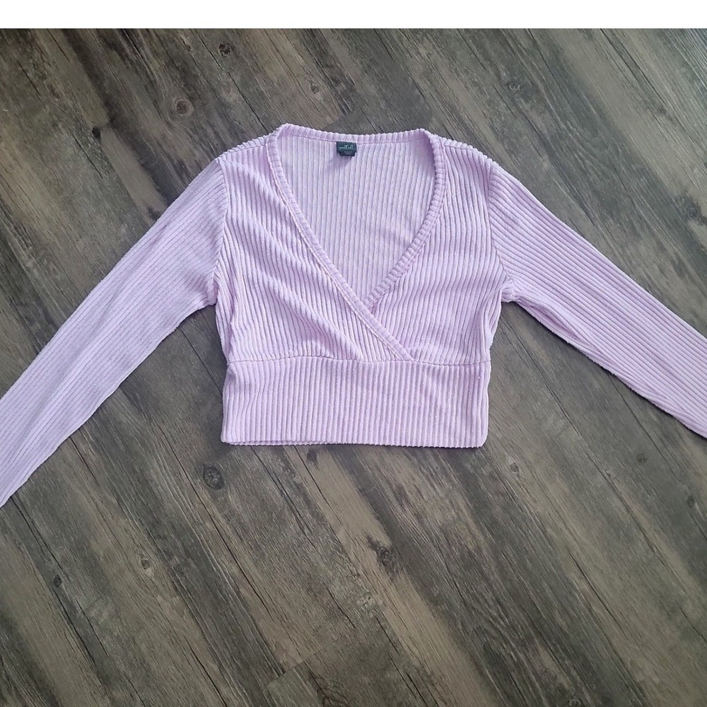 Wild Fable Lilac Purple Ribbed Knit‎ Faux Wrap V-Neck Crop Top Long Sleeve Small